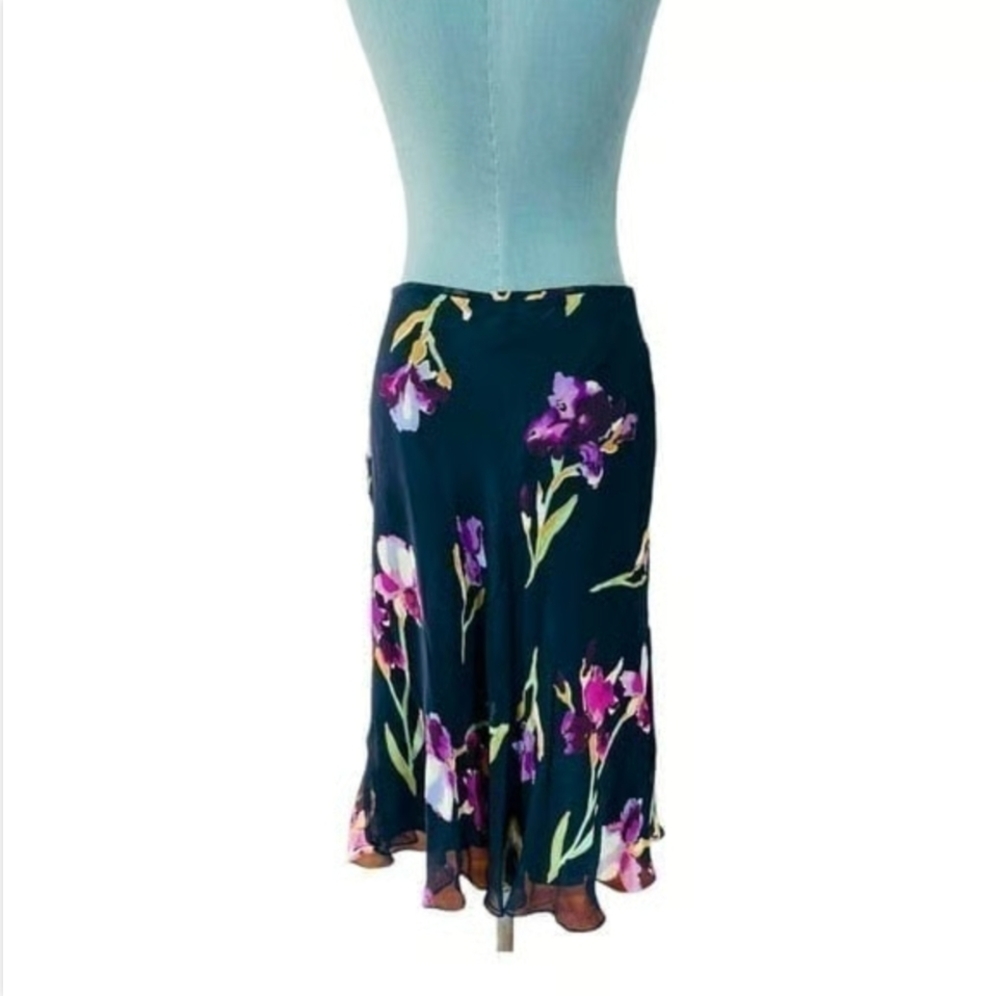 TESS Iris Floral Silk Skirt S 10 Black Multicolor Sheer Midi Skirt Lightweight - Picture 4 of 6